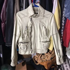 Cream Leather Jacket with Zipper Details